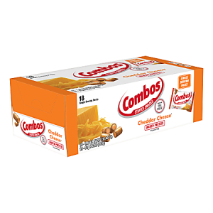 Box of Combos Cheddar Cheese Baked Pretzel snacks, 18 single-serving packs, with orange and white packaging.