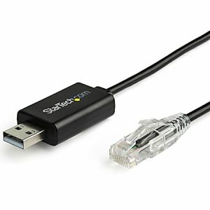 USB to Ethernet adapter cable by StarTech.com with a black rectangular casing and a transparent RJ45 connector.