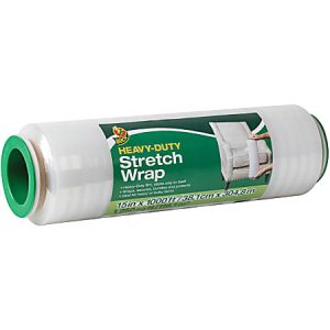 Heavy-duty stretch wrap roll with green handles, labeled for a 15-inch by 1000-foot size for secure packing.