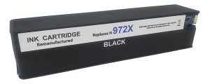 Black remanufactured ink cartridge, replaces H 972X, labeled for use with specific printers.