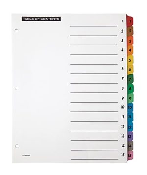 Table of contents page with multi-colored numbered tabs from 1 to 15 on the right side for organizing documents.