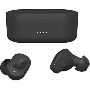 Black wireless earbuds and charging case, featuring LED indicators and brand logo.
