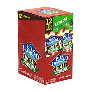 Box of Blue Diamond Almonds, Bold Sriracha flavor, containing twelve 1.5 oz. tubes, with Smart Snacking label.