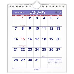 January 2024 wall calendar shows holidays: New Year's Day on the 1st, MLK Jr. Day on the 15th. Includes December 2023 preview.