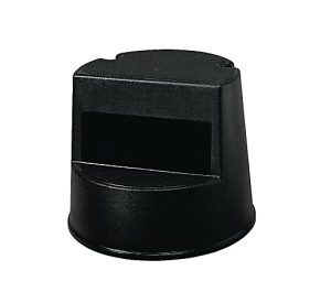 Black circular waste receptacle lid with a rectangular opening, designed for outdoor trash cans.
