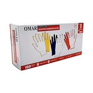 Box of Omar powder-free blue nitrile examination gloves, size small. Contains 100 gloves with images of various colored gloves.