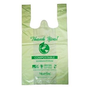 Compostable plastic bag with green "Thank You!" text and nature graphics, promoting eco-friendly packaging.