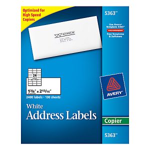 Avery 5363 white address labels packaging, optimized for high-speed copiers, 2400 labels, 100 sheets, 1 3/8" x 2 13/16".