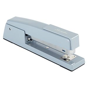Gray metal stapler with a rectangular design and silver accents, shown diagonally against a white background.