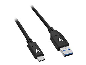 Black USB-A to USB-C cable with brand logo on connectors, highlighting compatibility for data and charging.