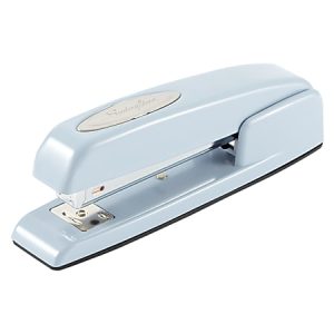 Light blue desktop stapler with a silver plate on top, designed for office use.