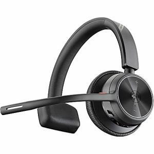 Black wireless headset with cushioned ear pad and adjustable microphone boom, designed for hands-free communication.