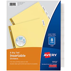 Avery 8 Big Tab Insertable Dividers with green tabs and white pages, suitable for laser and inkjet printers.