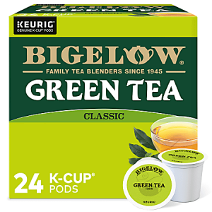 Bigelow Green Tea box containing 24 K-Cup pods, with images of brewed tea and a tea leaf branch on the packaging.