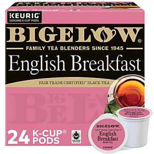 Bigelow English Breakfast 24 K-Cup Pods, Fair Trade Certified black tea for Keurig machines, with an image of a tea cup.