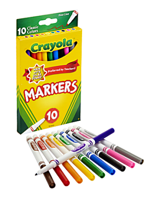 Box of 10 Crayola markers with fine tips in assorted colors, displayed with some markers lying in front.