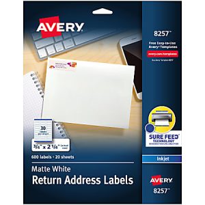 Avery 8257 matte white return address labels, 600 labels, 20 sheets, sure feed technology, inkjet, shown next to keyboard.