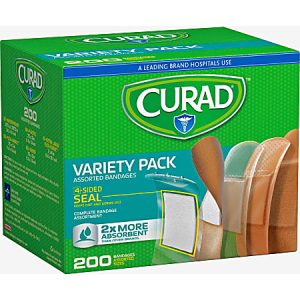Curad Variety Pack bandages box showing assorted sizes, 4-sided seal, and 200 count, promoting 2x more absorbency.