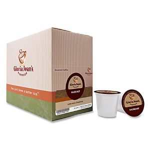 Gloria Jean's Hazelnut Coffee K-Cup box with two single-serve pods displayed nearby.