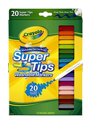 Box of Crayola Super Tips washable markers with 20 assorted colors, suited for thick and thin drawing.