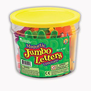 Clear plastic tub of colorful magnetic jumbo uppercase letters with yellow lid, suitable for ages 3 and up.