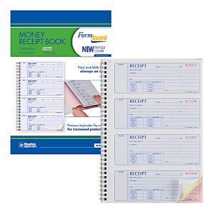 Spiral-bound money receipt book, carbonless, 3-part, with preprinted numbered receipts for cash transactions.