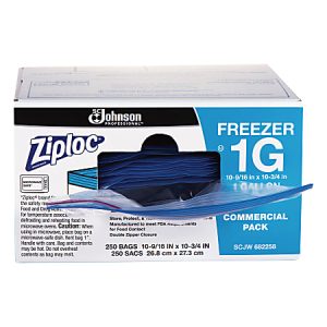 Box of Ziploc freezer bags, 250 count, 1-gallon size, with blue double zipper closure, commercial pack by SC Johnson.