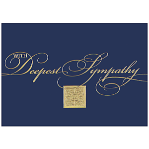 Navy card with elegant gold script reading "With Deepest Sympathy" above a decorative gold accent.