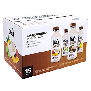 Bai Cocofusion variety pack of antioxidant beverages, featuring assorted flavors in a 15-pack box with product images.