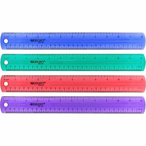 Four colorful Westcott plastic rulers in blue, green, red, and purple, each with inch and centimeter markings.