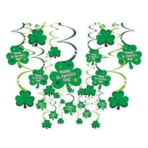 Green shamrock and spiral decorations with "Happy St. Patrick's Day" text.