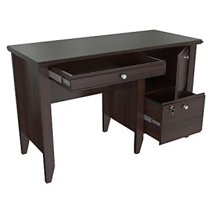 Dark wood desk with open drawers and cabinet revealing storage space inside. Features modern design and metallic handles.