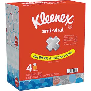 Kleenex Anti-Viral Tissues box, red design, claims to kill 99.9% of cold and flu viruses, contains 4 cartons, 220 tissues total.