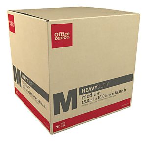 Office Depot medium heavy-duty moving box, 18x18x18 inches, featuring a red and beige design suitable for storage and shipping.