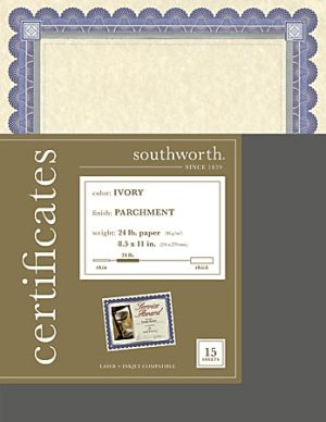 Southworth ivory parchment certificates, 8.5x11 inches, 24 lb weight, blue border, compatible with laser and inkjet printers.