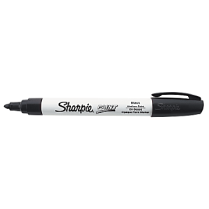 Black Sharpie paint marker with a medium point and oil-based ink, featuring a white barrel and black cap.