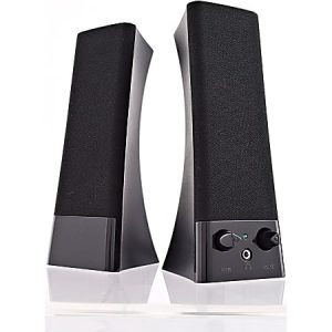 Two black computer speakers with curved design, featuring volume and tone controls, on a white reflective surface.