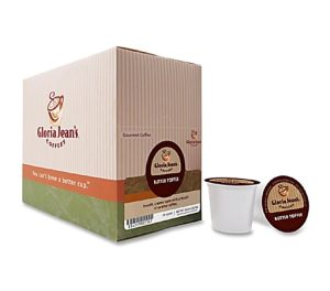 Gloria Jean's Butter Toffee coffee box and K-Cup pod, showcasing gourmet flavored coffee options.