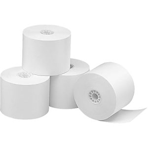 Four white thermal paper rolls stacked, with one partially unrolled, suitable for use in receipt printers.