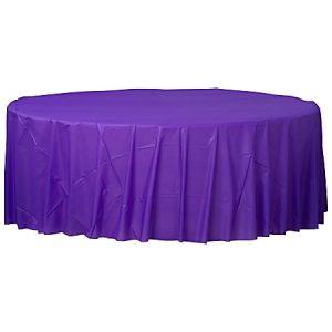 Purple round table with a smooth surface and a long pleated skirt draping to the floor.
