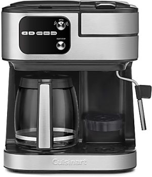 Cuisinart coffee maker with stainless steel finish, glass carafe, and control panel featuring buttons and a knob.
