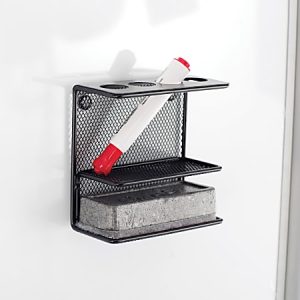 Magnetic mesh holder on a whiteboard, storing a red-white marker and an eraser.