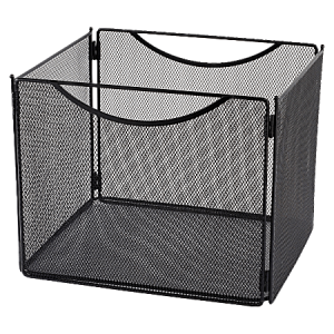 Black metal mesh storage bin with curved handles, designed for organizing office supplies or household items.