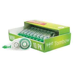 Box of 10 Tombow mini correction tape rollers, transparent body, green and white packaging with logo.