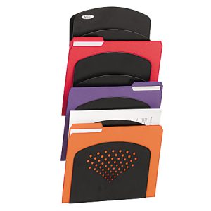 Wall-mounted file organizer with five compartments holding folders in black, red, purple, and orange.