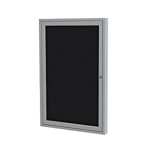 Lockable gray bulletin board with a black interior panel for displaying notices, mounted vertically.