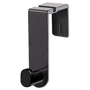 Black metal over-the-door hook with a single peg, designed to hang items securely and save space in home or office settings.