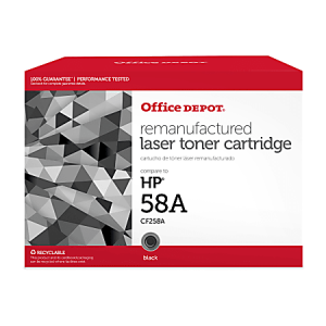 Office Depot remanufactured laser toner cartridge for HP 58A CF258A, black, performance tested, recyclable packaging.