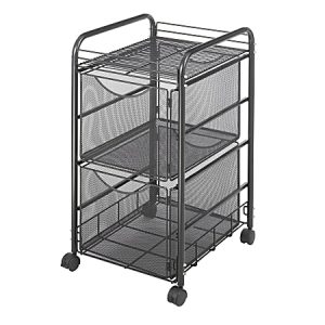 Black mesh rolling storage cart with three shelves and wheels, suitable for organizing office or home supplies.