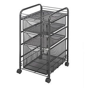 Black mesh rolling cart with four sliding drawers, sturdy frame, and four wheels for easy mobility.